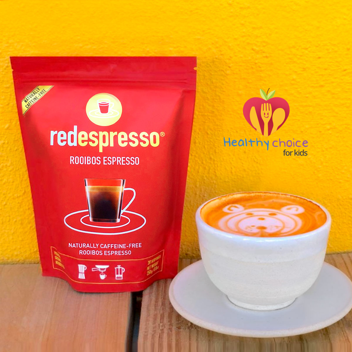 rooibos in a yellow background, rooibos in a cup and a logo informing that red espresso is a good choice for kids