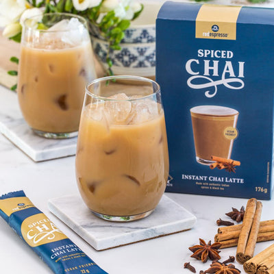 spiced chai latte sachets and an iced drink from red espresso brand